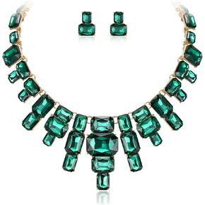 Flyonce الأخضر بيان مجموعة المجوهرات، خمر حجر الراين كريستال آرت ديكو زي مكتنزة طوق قلادة مسمار مجموعة الأقراط in Kuwait