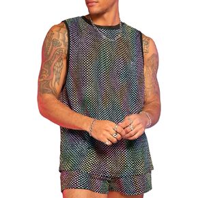 WDIRARA Men's 2 Piece Contrast Sequin Laser Tracksuit Set Crew Neck Sleeveless Tank Top & Elastic Waist Shorts Sets