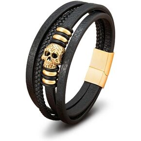 Black Leather Skull Bracelet for Men - Stainless Steel Men's Bracelet - Braided Rope Leather Cuff Bracelet-Jewelry Accessories Gift for Him
