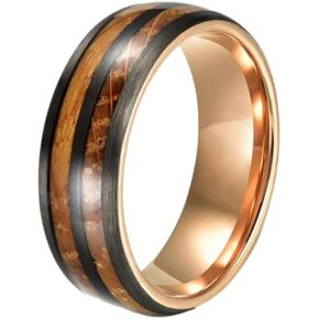 KoveBands Mens Wedding Ring Black with Double Whiskey Barrel Wood Inlay & Rose Gold Tungsten High Polished Comfort Fit 8MM - Includes Olive Wood Box