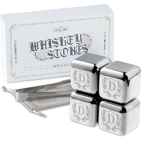 Whiskey Stones Gifts Set with Initial for Men & Women, 4pcs Stainless Steel Whiskey Rocks with Pouch and Tong, Chilling Ice Cubes Initial Gifts for Whiskey Lovers, Dad, Mom, Grandpa, Uncle - J in Kuwait