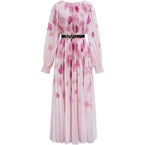 CHICWISH Women Long Sleeve Maxi Dress Watercolor Floral Print Crewneck Casual Pleated Summer Long Dresses with Belt