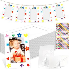 150 Pcs White Paper Picture Frames 4X6 Inch Summer Picture Frames Bulk DIY Photo Frame with 18 Stickers in 3 Types Kids Art Display Crafts Kits Cardboard Picture Frames Easels