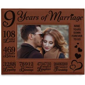 KATE POSH 9th Wedding Anniversary, 9 Year Anniversary, 9 Years of Marriage, Husband & Wife, Boyfriend & Girlfriend, Gifts for Couple - Engraved Leather Picture Frame (4" x 6" Vertical)