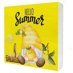 Hello Summer Wooden Box Sign Desk Decor Lemon Watermelon Sunflower Gnomes Wood Block Plaque Box Signs Rustic Box Sign for Home Shelf Table Decoration (5 X 5 Inch)