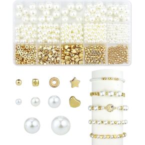 YETOOME 720 Pieces Spacer Beads Set for Bracelet Making, 15 Grids Pearl Beads and Gold Spacer Beads for Bracelet Earring Necklace Jewelry Making