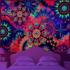 RLoncomix Blacklight Mandala Tapestry Colorful Boho Dot Tapestry Wall Hanging UV Reactive Floral Art Hippie Trippy Tapestries Posters Wall Hanging for Bedroom Aesthetic (51.2" x 59.1")