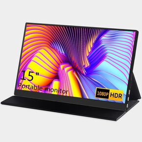 Portable Monitor 15. inch Ultra-Slim IPS Display HDR Plug&Play,FHD 1080P USB C HDMI Aluminium Alloy housing Speakers External Monitor for Laptop PC Phone Mac Xbox (15-inch, Black)