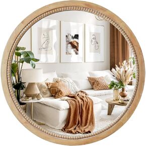 sawsile Round Decorative Mirror 24inch Circle Farmhouse Style Mirror Rustic Natural Wooden Frame Beads Mirror for Bedroom, Bathroom, Living Room or Entryway