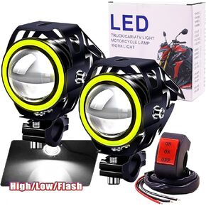 Ourbest Motorcycle Fog Lights Spotlight Halo Running Lights, White Central/Blue Halo/Strobe Modes U7 LED Running DRL Auxiliary Driving Lights with Switch