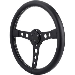 Leather Steering Wheel,350mm/14in for MOMO Prototipo 6-Bolt Black Leather Racing Steering Wheel Gray Stitching with Horn Button