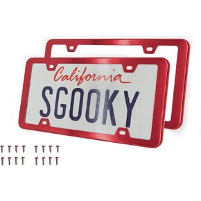 2Pcs Stainless Steel License Plate Frames, Red License Plate Cover Tag Holder with Corrosion Resistant Security,4 Hole with Screws