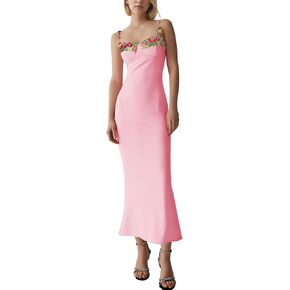 Women’s Maxi Dress Sweetheart Neck Florals Embroidered Adjustable Straps Sleeveless Party Clubwear Bodycon Long Dress