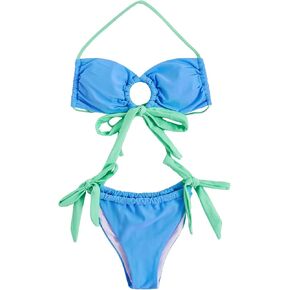 MakeMeChic Women's 2 Piece Swimsuit Colorblock Ring Halter String Tie Side Thong Bikini Set Bathing Suit