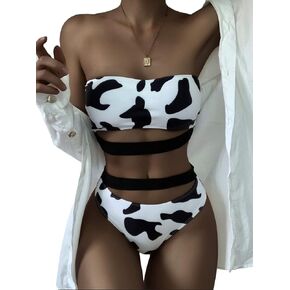 Women's Cow Print Bikini Set Bathing High Waisted Swimsuits Bandeau Tube Top Rave Festivals