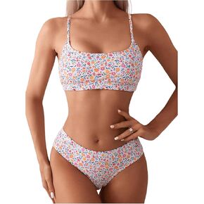WDIRARA Women's 2 Piece Floral Print Square Neck Swimsuit Summer Cute Bikini Set