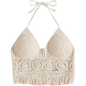 Floerns Women's Boho Solid Fringe Backless Halter Tie Neck Summer Cover Up Cami Top