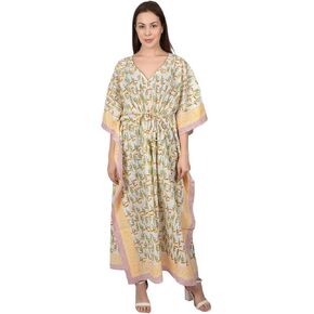 Fabric Venue Women's Ethnic Hand Block Print Cotton Maxi Caftan Nightwear Dress Beach Wear Summer Dress Kaftan