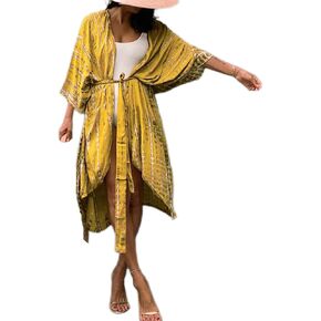 MEILING المرأة التعادل الجبهة كيمونو سترة حزام بيكيني ثوب السباحة التستر المطبوعة الشاطئ رداء طويل (طباعة 26) in Kuwait