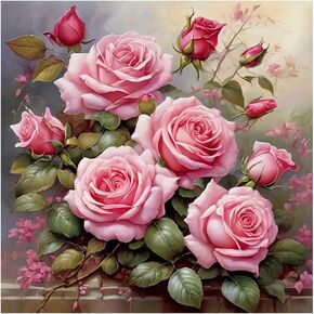 FHBUBPUP Diamond Painting Kits for Adults, Pink Rose Diamond Art Kits, Full Drill Round Gem Art, DIY Paint with Diamond Beads Crafts for Home Wall Decoration Gifts 12x12 inch