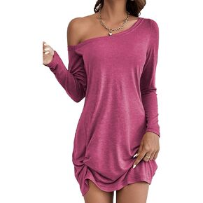 Beachsissi Women's Skew Neck Dresses Solid Long Sleeve Casual Dress