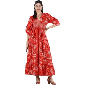 Women's Casual Long Maxi Dress for Summer Wear, Urban Bohemian Floral Printed V Neck Smocked Outfit