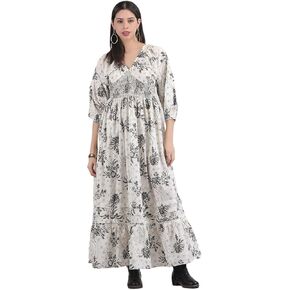 Women's Casual Long Maxi Dress for Summer Wear, Urban Bohemian Floral Printed V Neck Smocked Outfit in Saudi Arabia