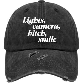 Lights Camera Bitch Smile Hats for Women Washed Distressed Baseball Cap soft Washed workout hats