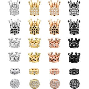 24 Pieces King Crown Spacer Beads Crown Charms Rhinestone Beads Set, Mixed Color Brass Micro Pave Cubic Zirconia Round Ball Spacer Beads for Bracelet Necklace DIY Jewelry Making