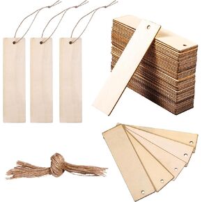 50pcs Blank Wood Bookmarks, Unfinished Wood Bookmarks with Holes and Ropes Rectangle Bookmark Wood Bookmarks for Crafts DIY Card Making Decor Hanging Accessories