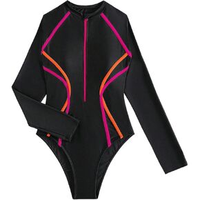 MakeMeChic Women's Contrast Binding Zipper Front Long Sleeve One Piece Swimsuit Mock Neck Wireless Summer Beach Monokini