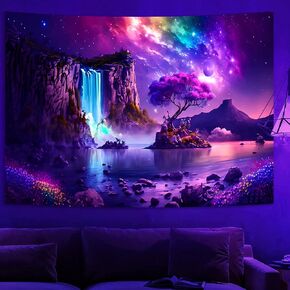 Manicer Fantasy Waterfall Tapestry, Blacklight Wonderland Purple Galaxy Tree Landscape UV Reactive Wall Hanging Tapestries for Bedroom, Living Room - 51.2" x 59.1"