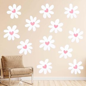 12 Sheets Daisy Wall Decals, Pink Heart Decals Boho Flower Wall Decals Daisy Wall Stickers Peel and Stick White Flower Wallpaper Daisy Floral Window Decals for Home Nursery Room Decor
