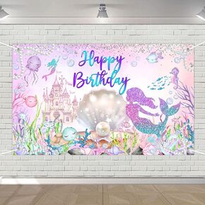 Avezano Mermaid Happy Birthday Backdrop Under The Sea Birthday Party Decorations Little Mermaid Bday Backdrop for Girls Birthday Mermaid Theme Birthday Party Decor 70.8 x 43.3 Inch