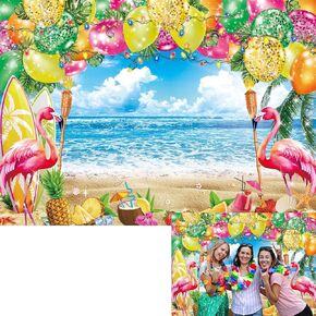 LIANNE 7x5FT Hawaiian Beach Backdrop Flamingos Tropical Fruit Flower Palm Tree Balloon Surfboard Photography Background Aloha Birthday Party Banner Photo Booth Prop