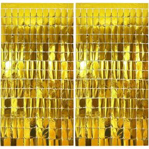 Square Foil Curtain Streamer Tinsel Backdrop Photo Booth Props Background for Graduation Party,New Years,Birthday,Wedding,Halloween,Christmas Decorations (Gold, 2pack)