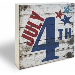 July 4th Wooden Block Sign, 4"X4" Pine Wood Plaque For Memorial Day, America Patriotic Tabletop Signs, Shelf, Desk Decorations, Veteran Party Supplies- B08