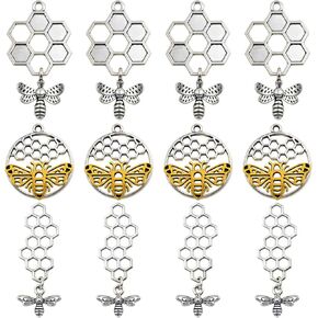 18pcs 3 Styles 3D Honey Comb Bee Charms Antique Silver Alloy Honeybee Honeycomb Pendants Hollow Flying Animal Dangle Charm Embellishments for DIY Bracelet Necklace Jewelry Making