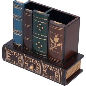 Vintage Pen Pencil Holder Cup, Decorative Library Books Design Wooden Office Supply Caddy Pencil Holder Organizer with Bottom Drawer