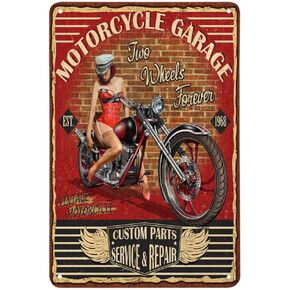 AOYEGO Pin Up Motorcycle Tin Sign,Motor Garage Red Black Vintage Metal Tin Signs for Cafes Bars Pubs Shop Wall Decorative Funny Retro Signs for Men Women 8x12 Inch
