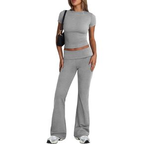 NTSWZYS Women's 2 Piece Lounge Sets Y2K Fold Over Flare Pants Set Short Sleeve Crop Top Casual Tracksuits Outfits