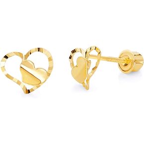 14k Yellow Gold Double Hearts Stud Earrings with Screw Back