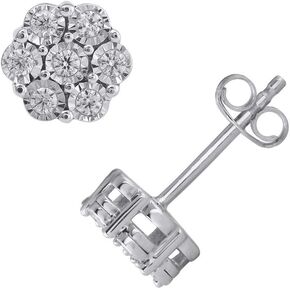 1/5 Carat Diamond Cluster Stud Earrings in 925 Sterling Silver or in 18K Yellow Gold over Sterling Silver