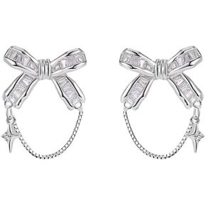 Bow Earrings for Women Silver Stud Earrings Sparkling Cubic Zirconia Earrings Studs Y2k Rhinestone Earrings Star Dangling Chain Studs Earrings Fashion Jewelry Gifts