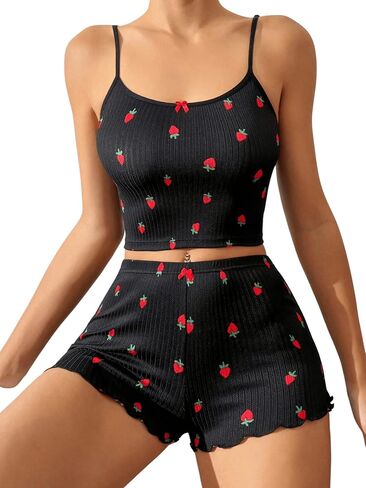 Floerns Women's 2 Piece Pajama Set Cherry Print Cami Top with Shorts Sleepwear in Saudi Arabia