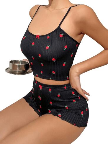 Floerns Women's 2 Piece Pajama Set Cherry Print Cami Top with Shorts Sleepwear in Saudi Arabia