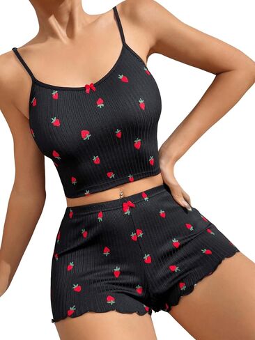 Floerns Women's 2 Piece Pajama Set Cherry Print Cami Top with Shorts Sleepwear in Saudi Arabia