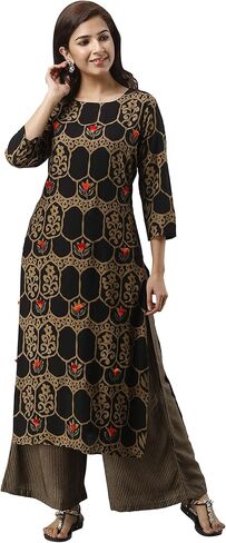 Women's Rayon Screen Print Straight 3/4 Sleeve Kurta Palazzo Set in Saudi Arabia