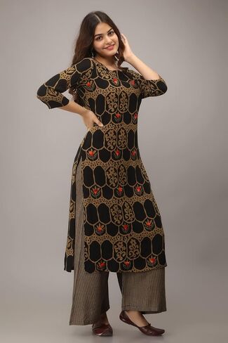 Women's Rayon Screen Print Straight 3/4 Sleeve Kurta Palazzo Set in Saudi Arabia