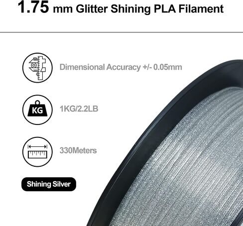 HELLO3D خيوط PLA لامعة فضية 1.75 مم، طباعة ثلاثية الأبعاد لامعة PLA خيوط 1 كجم/بكرة، سطح فلاش السماء المرصعة بالنجوم، دقة الأبعاد +/- 0.05 مم، متوافق مع معظم طابعات/أقلام FDM ثلاثية الأبعاد in Saudi Arabia